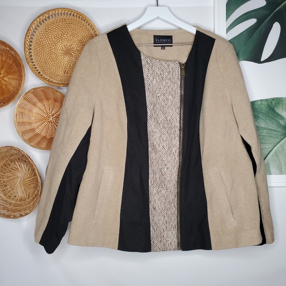 Eloquii Jackets & Blazers - Eloquii Wool Black Tan Suede Moto Zip Jacket Tweed
